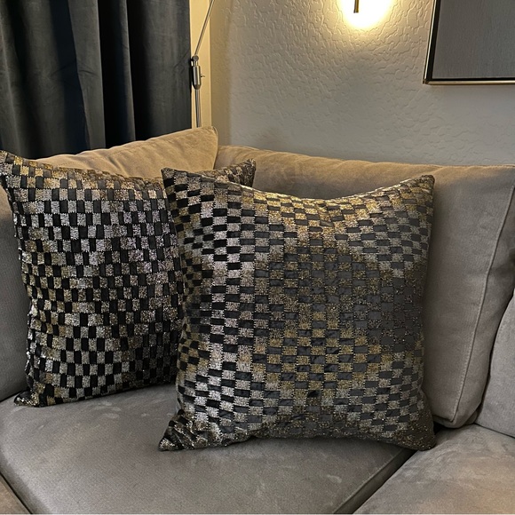 Copy Callisto Beaded Velvet Gray Gold Ombre Geometric Check Diamond pillow 22x22 - Picture 2 of 11